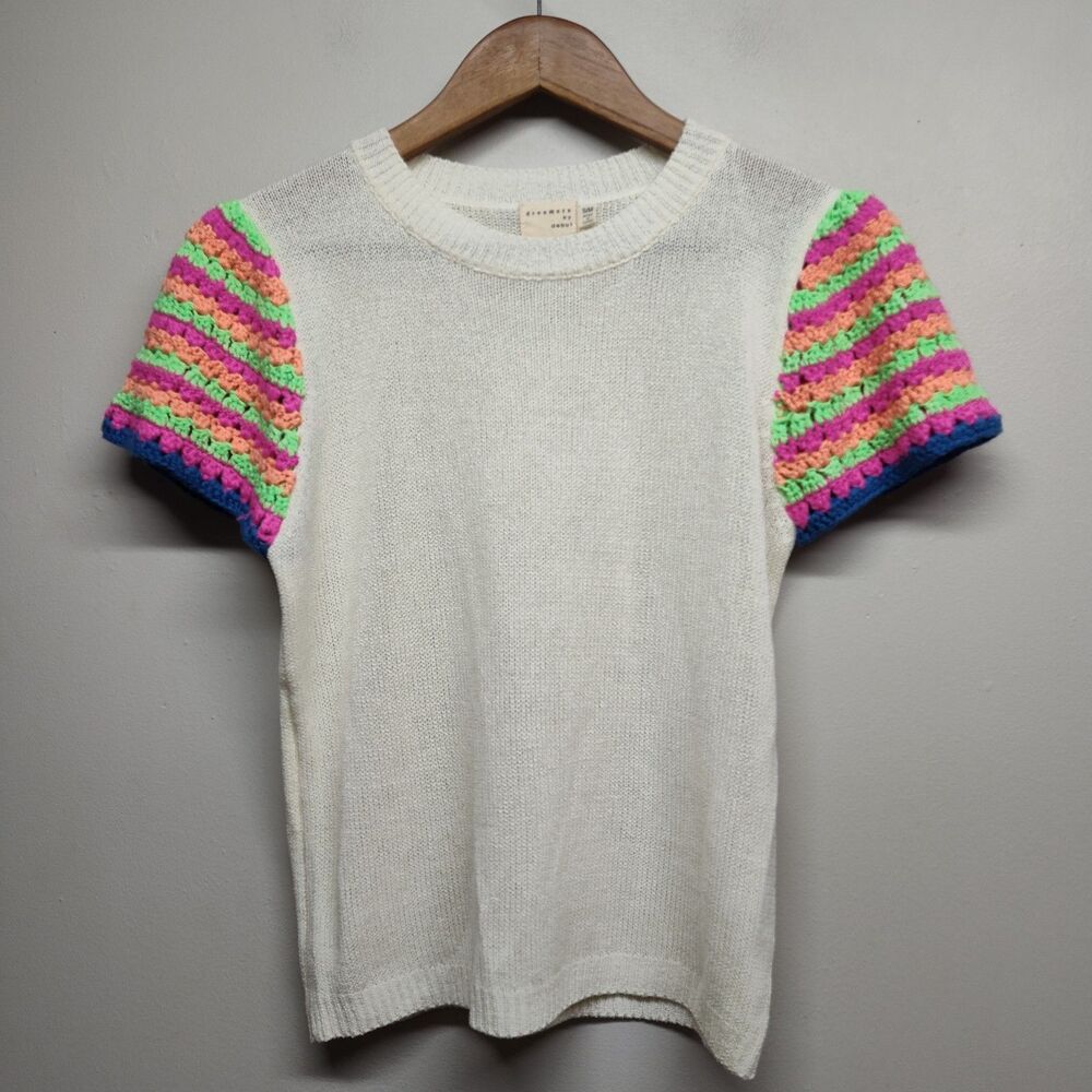 Dreamer But Debut Knit Top Women S/M Cream Crochet Short Sleeve Boho-Chic Casual